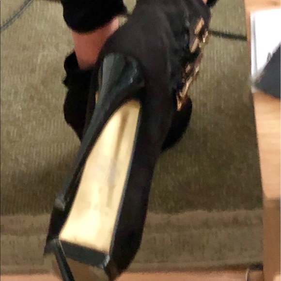 Bebe Black Suede Stiletto Ankle Booties w/ gold - Picture 6 of 7